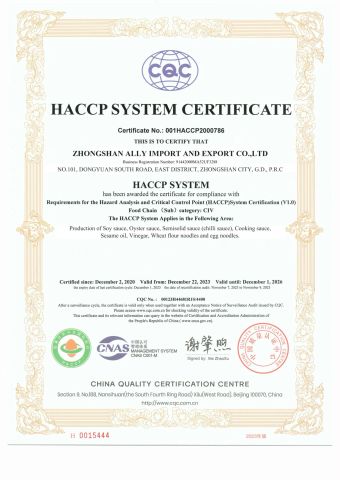 Haccp certificate from Zhongshan Ally Import and Export Company Limited