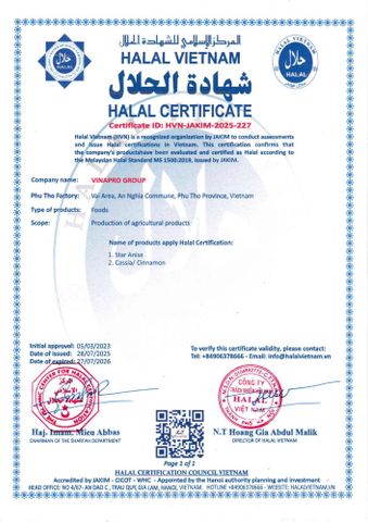 HALAL certificate from Vinapro