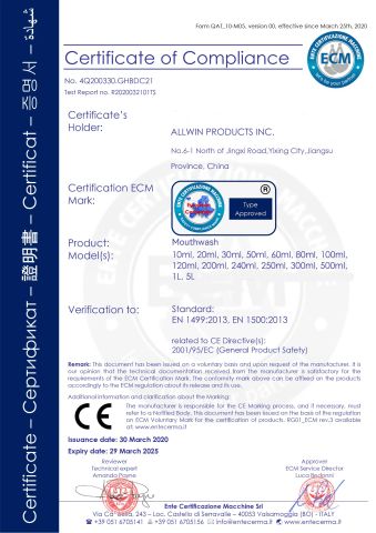 COC certificate of Yixing Allwin Products Co., Ltd. – certificate photo, supplier certificates section