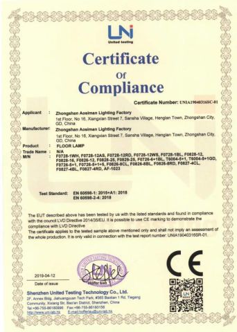 CE for Floor Lamp certificate from ZHONGSHAN AOSIMAN LIGHTING CO., LIMITED