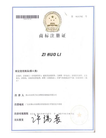 ZI HUO LI certificate from Foshan Zihuoli Spring Co.,Ltd.