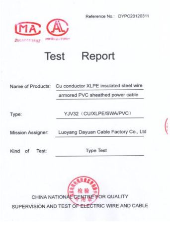 Test Report-Power Cable certificate of LUOYANG SANWU CABLE GROUP CO., LTD – certificate photo, supplier certificates section