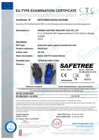 Certificate of PU Gloves certificate from Zhejiang Safetree Industry Tech Co., Ltd.