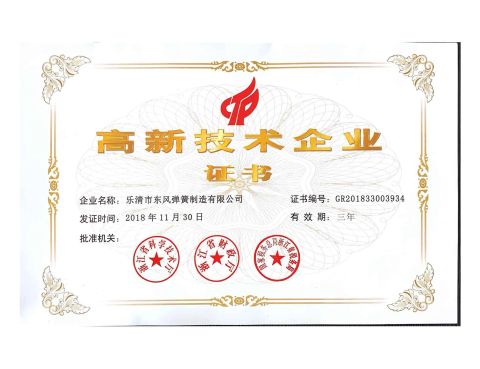 High Technology company certificate certificate from Yueqing Dofo Spring Manufacturing Co., Ltd.