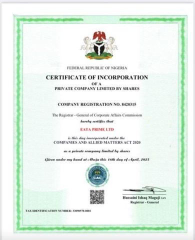 CAC  certificate from EATA prime limited