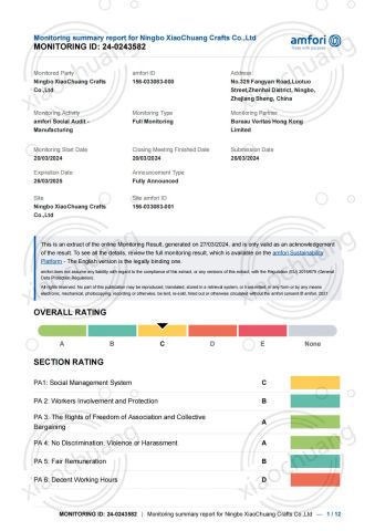BSCI certificate from Ningbo XiaoChuang Crafts Co., Ltd.