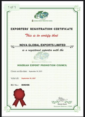 NEPC Certificate  certificate from Nova Global Exports Limited 