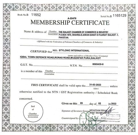 chamber of commerce certificate from Stylonic International