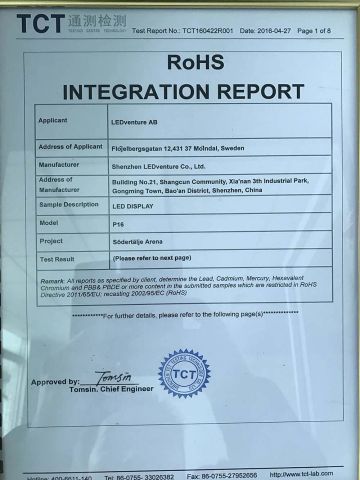 RoHS certificate from Shenzhen LEDventure Co., Ltd.