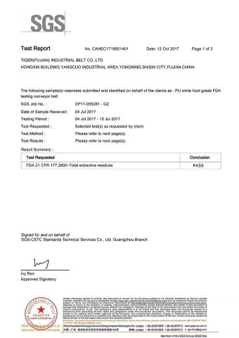 SGS certificate of PU material belt certificate from TIGER(XIAMEN)X-M CO., LTD.