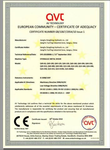 CE certificate from Jiangsu Dongfang Hydraulic Co., Ltd.