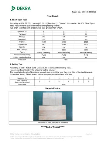 DEKRA test report certificate from Shouguang Esen Wood Co., Ltd.