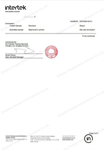 BPA FREE certificate from Qingdao Tongda Home Products Co.,Ltd