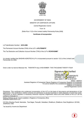 Incorporation certificate  certificate from Shidhin Agrotech 