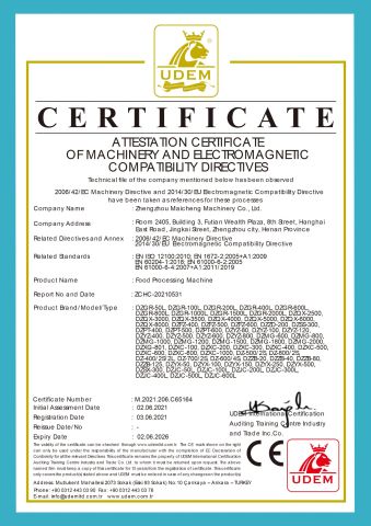 Food Processing machine CE certificate of ZHENGZHOU MAICHENG MACHINERY CO.,LTD – certificate photo, supplier certificates section