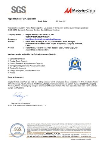 SGS certificate from Ningbo Midtrail Auto Parts Co., Ltd.