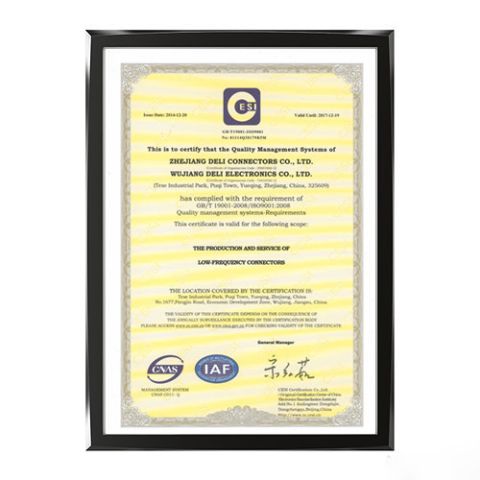 ISO9001 certificate of ZHEJIANG DELI CONNECTORS CO., LTD. – certificate photo, supplier certificates section