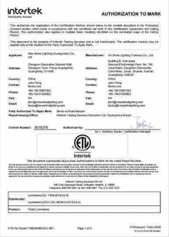 ETL for Fixed Luminaires certificate of New Shine Lighting (Guangzhou) Co., Ltd – certificate photo, supplier certificates section