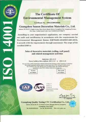 Sales of decorative materials(ceiling,wall panel) and related management activities certificate from Guangzhou Season Decoration Materials Co., Ltd.