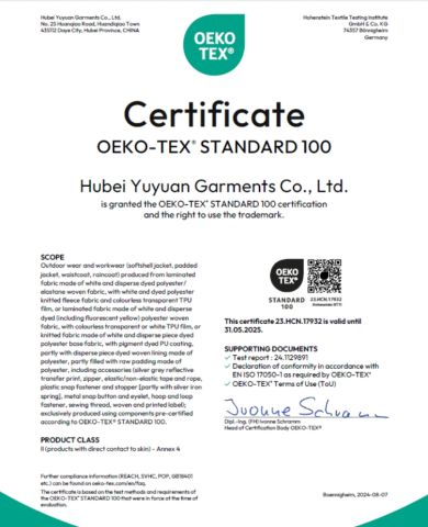 Oeko-Tex standard 100 certificate from Hubei Yuyuan Garments Co., Ltd.