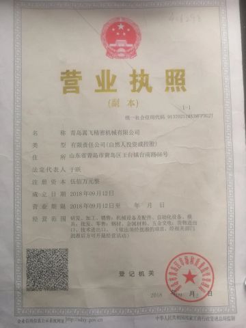 Business License certificate from Qingdao Songfei Precision Machinery Co., Ltd.