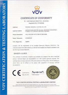 CE certificate for pole mounted auto circuit recloser-RCW38 certificate from Wenzhou Rockwill Electric Co., Ltd.