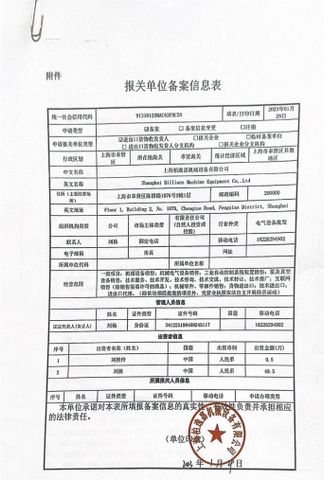 License Photo certificate from Shanghai Billions Machine Equipment Co., Ltd.