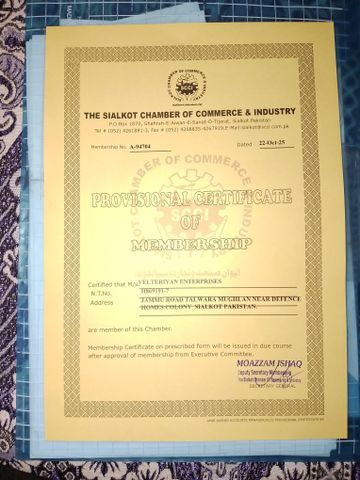 Sialkot Chamber of E-commerce industry certificate from Velteriyan Enterprises