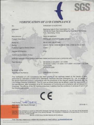 Sliding Gate Operator BS-IZ(LVD of CE) certificate from BISEN SMART ACCESS CO., LTD.