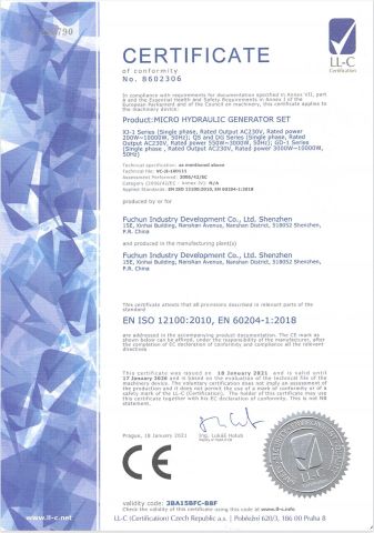 CE Certificate of Micro Hydraulic Generator Set certificate of Fuchun Industry Development Co., Ltd. Shenzhen – certificate photo, supplier certificates section