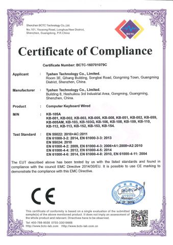 CE Certificate Computer Keyboard certificate of Tyshen Technology Co., Limited – certificate photo, supplier certificates section
