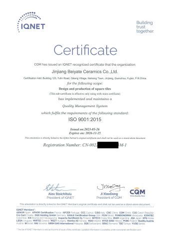 ISO 9001 certificate from Beata Ceramics Co., Ltd.