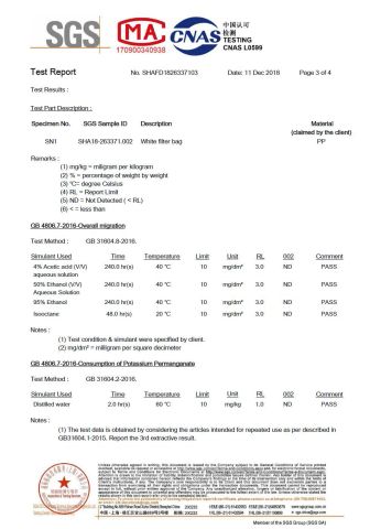 PP filter bag GB4806 certificate of Filterek Products Tech Co., Ltd. – certificate photo, supplier certificates section