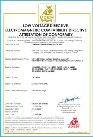 VFD CE certificate certificate from Zhejiang Chuanken Electric Co., Ltd.