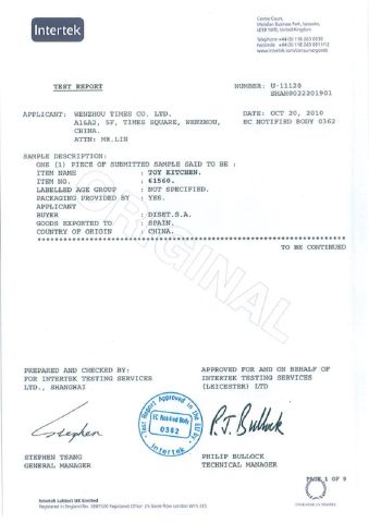 EN71 part 1,2,3 Certificate certificate from WENZHOU TIMES ARTS&CRAFTS CO., LTD.
