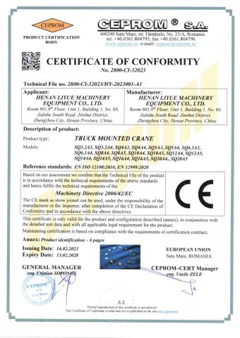 CE 1802 certificate from Henan Liyue Machinery Equipment Co., Ltd