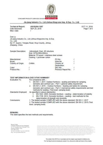 BV certificate from Yangzhou Kingcome Supply Chain Co., Ltd
