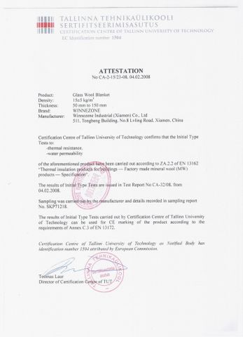 CE Certification of glass wool certificate from WINNEZONE INDUSTRIAL CO., LIMITED