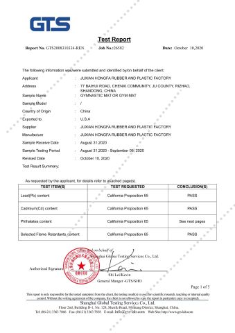 GYMNASTICS MAT CA65 certificate from JUXIAN HONGFA RUBBER AND PLASTIC FACTORY