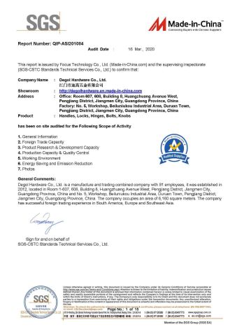 SGS certificate from Degol Hardware Co., Ltd.