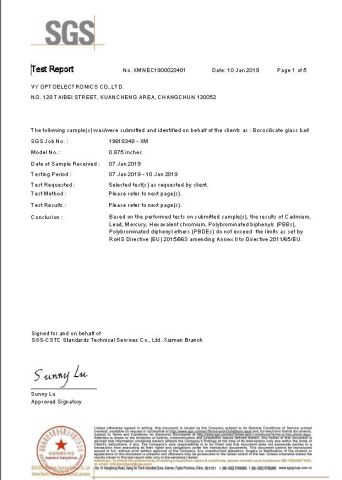 RoHS of Glass Ball Lens certificate from VY Optoelectronics Co., Ltd.