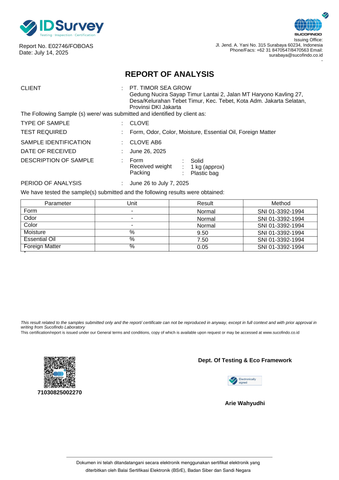 Spices COA certificate from Timor Sea Grow