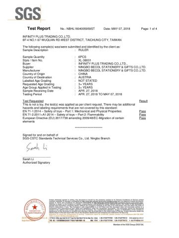 EN71for Ruler certificate of Ningbo Becol Stationery & Gifts Co., Ltd. – certificate photo, supplier certificates section
