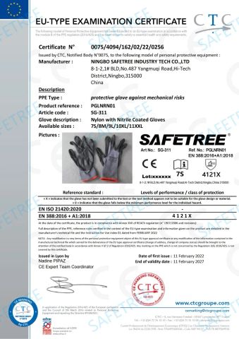 Certificate of Nitrile Nylon Gloves certificate from Zhejiang Safetree Industry Tech Co., Ltd.