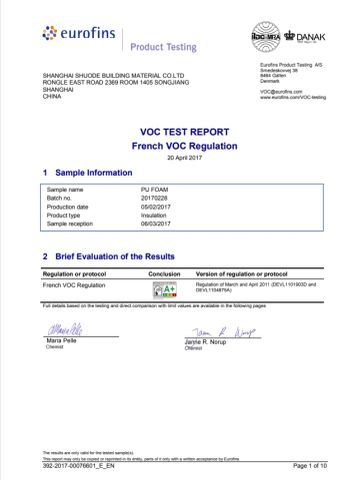 VOC certificate from Shanghai Shuode Building Materials CO., LTD.