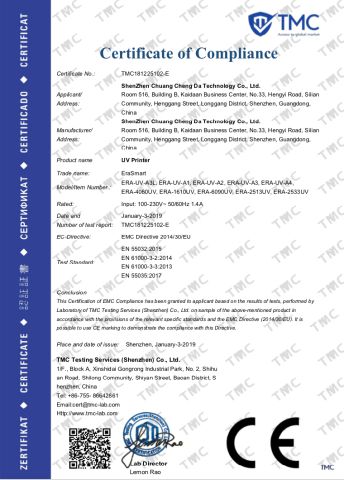 UV Printer CE Certification certificate from Shenzhen Chuang Cheng Da Technology Co., Ltd.
