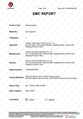 EMC certificate from Taizhou City Order Machinery Co., Ltd.
