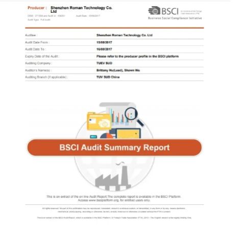 BSCI certificate from Roman Technology Co., Ltd