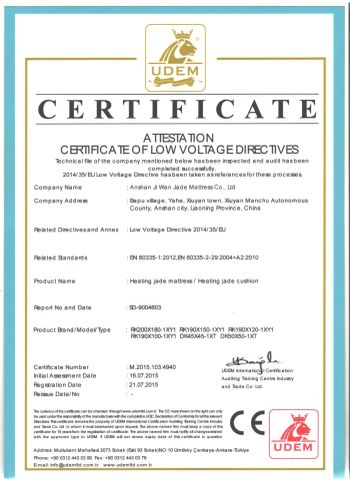 CE Certification certificate from Anshan Jiwan Jade Mattress Co., Ltd