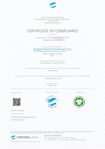 GOTS certificate from Qingdao Rosa Home & Decor Co., Ltd.